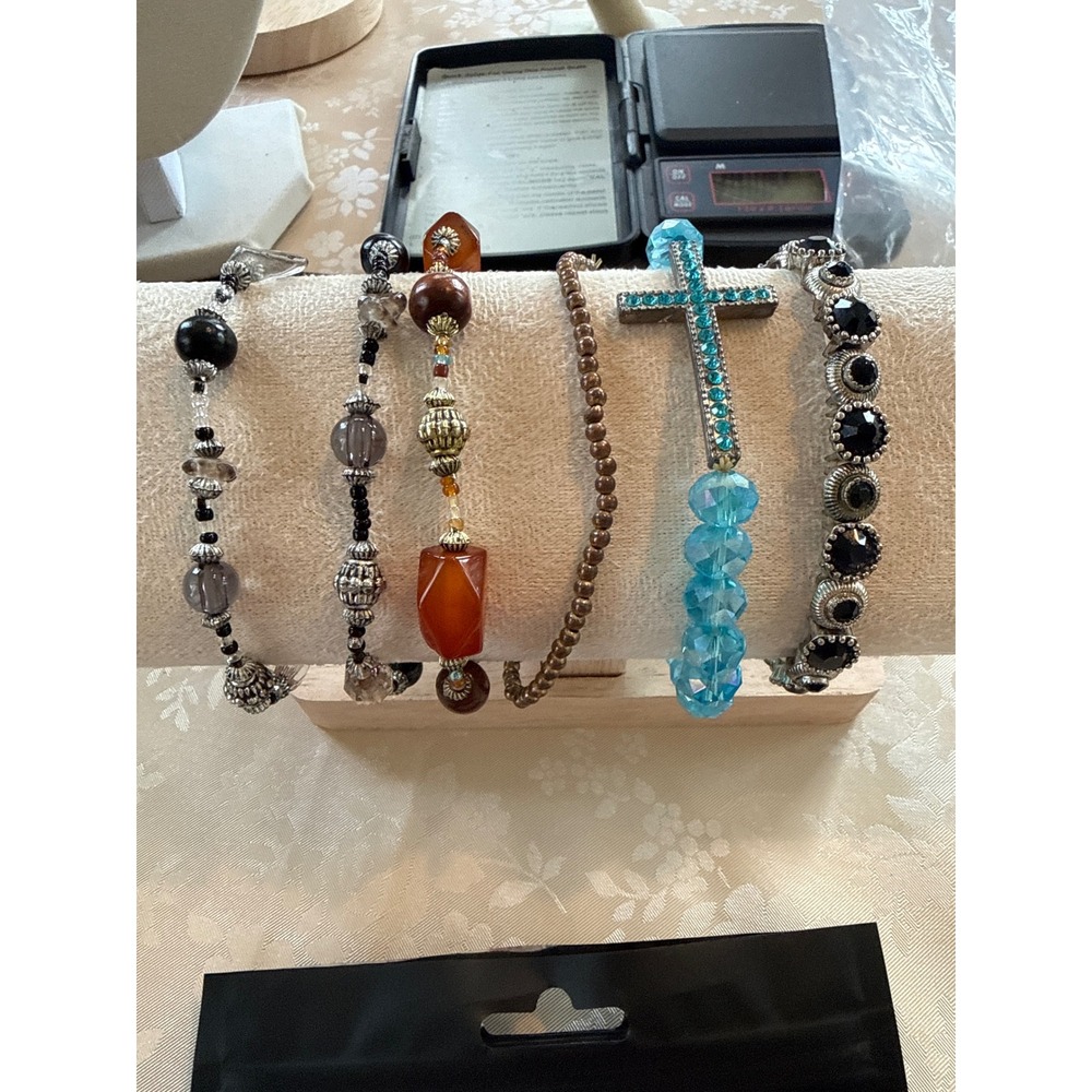 Mixed Beaded Stretch Bracelet Lot 6pc Cross Charm Crystal Boho Black Blue Silver